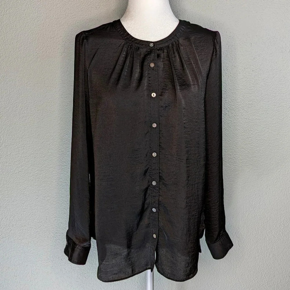 Rose + Olive Buttondown Long Sleeve Bohemian Blouse Size Medium in Black - Picture 1 of 8